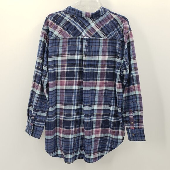 Aerie Plaid Flannel Button Up Shirt Womens L Blue Mauve White Oversize Long Tail - Picture 4 of 9